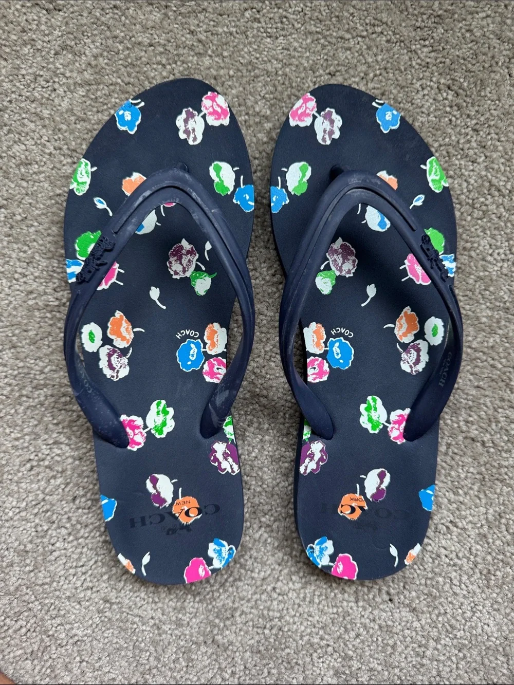 Coach Navy Flip Flops with Multicolor Floral Print